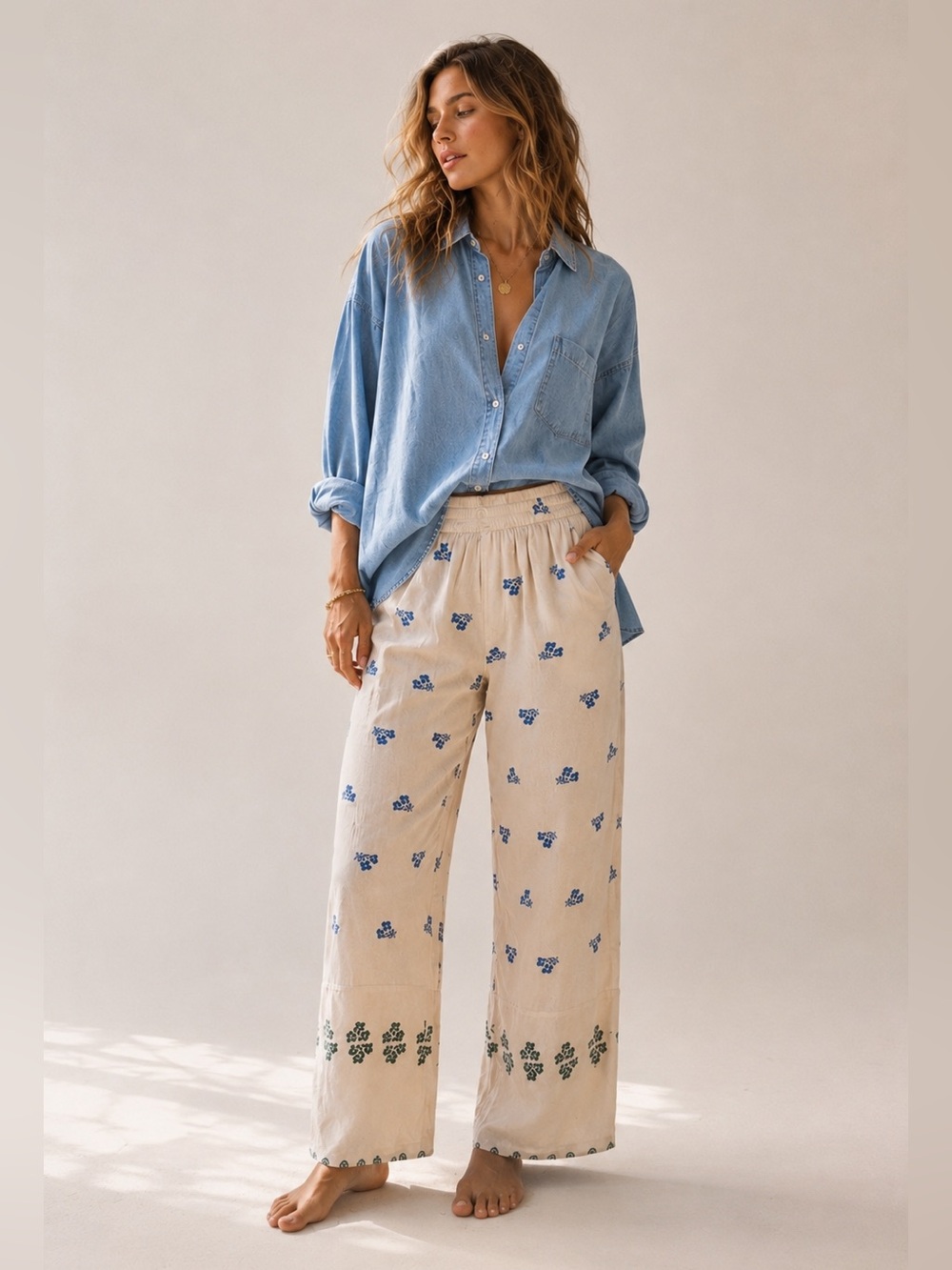 Indefeir Boho Floral Ankle Pants XS Blue Cream Elastic Waist Resort